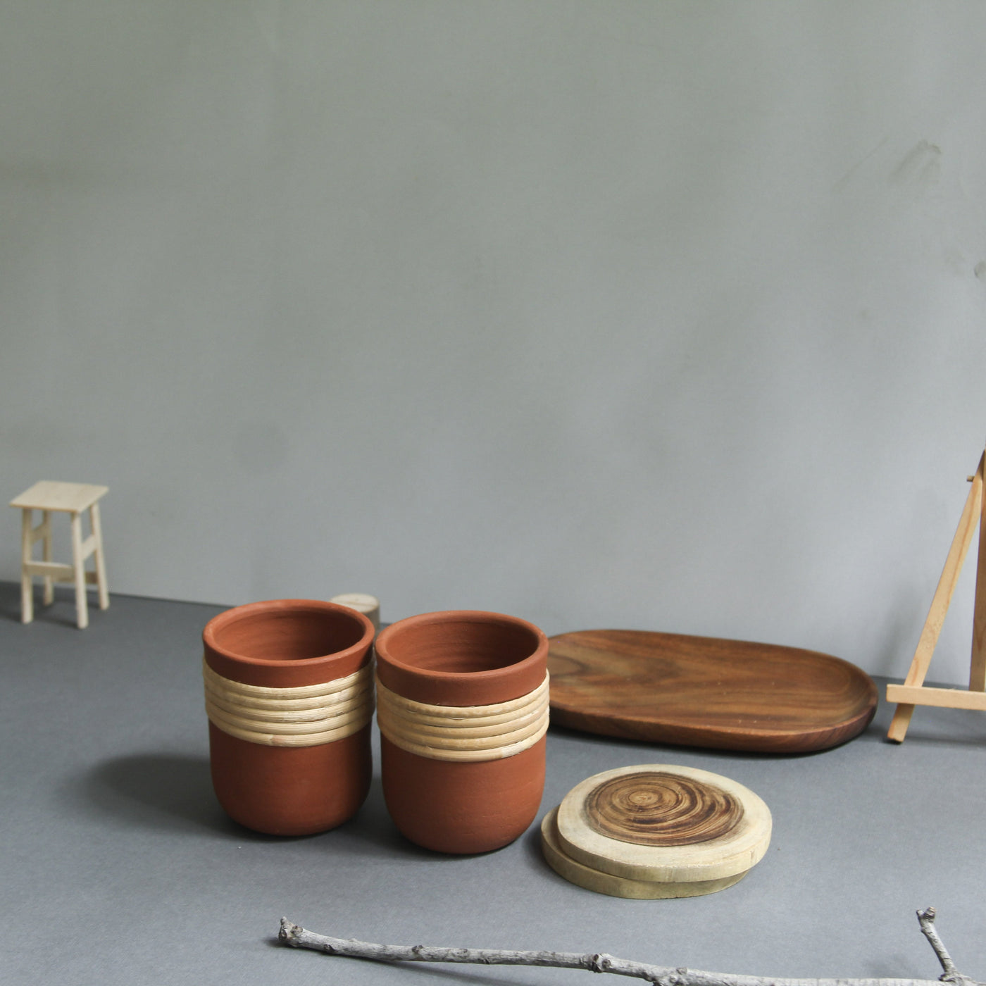 Combo - Terracotta Clay Tumblers + Raw wooden Coasters