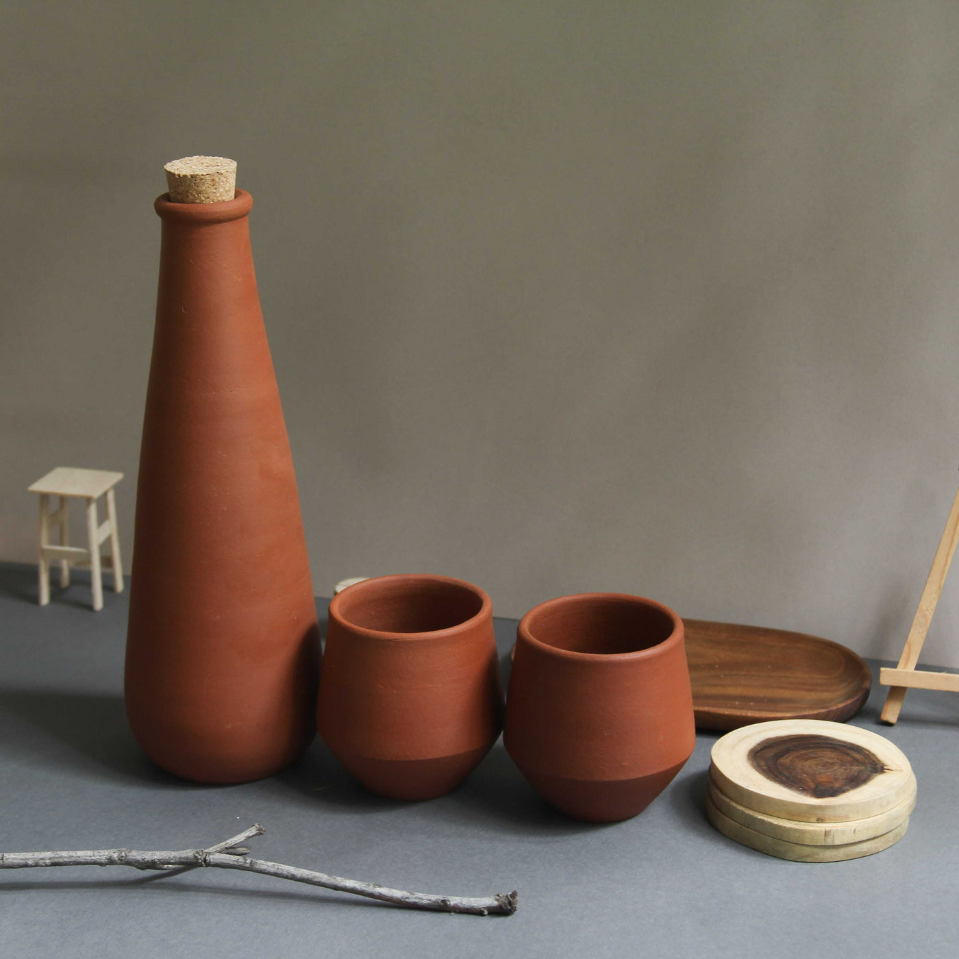 Combo - Terracotta Clay Water bottle (750ml) + Clay Cups (Set of 2) + Coasters (Set of 3)