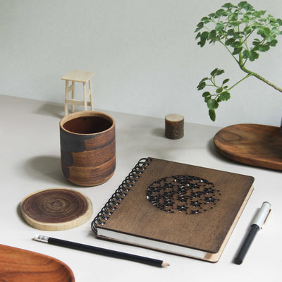 Combo - Premium Wooden Journal (A5+) + Stoneware Kulhad Brown + Coaster