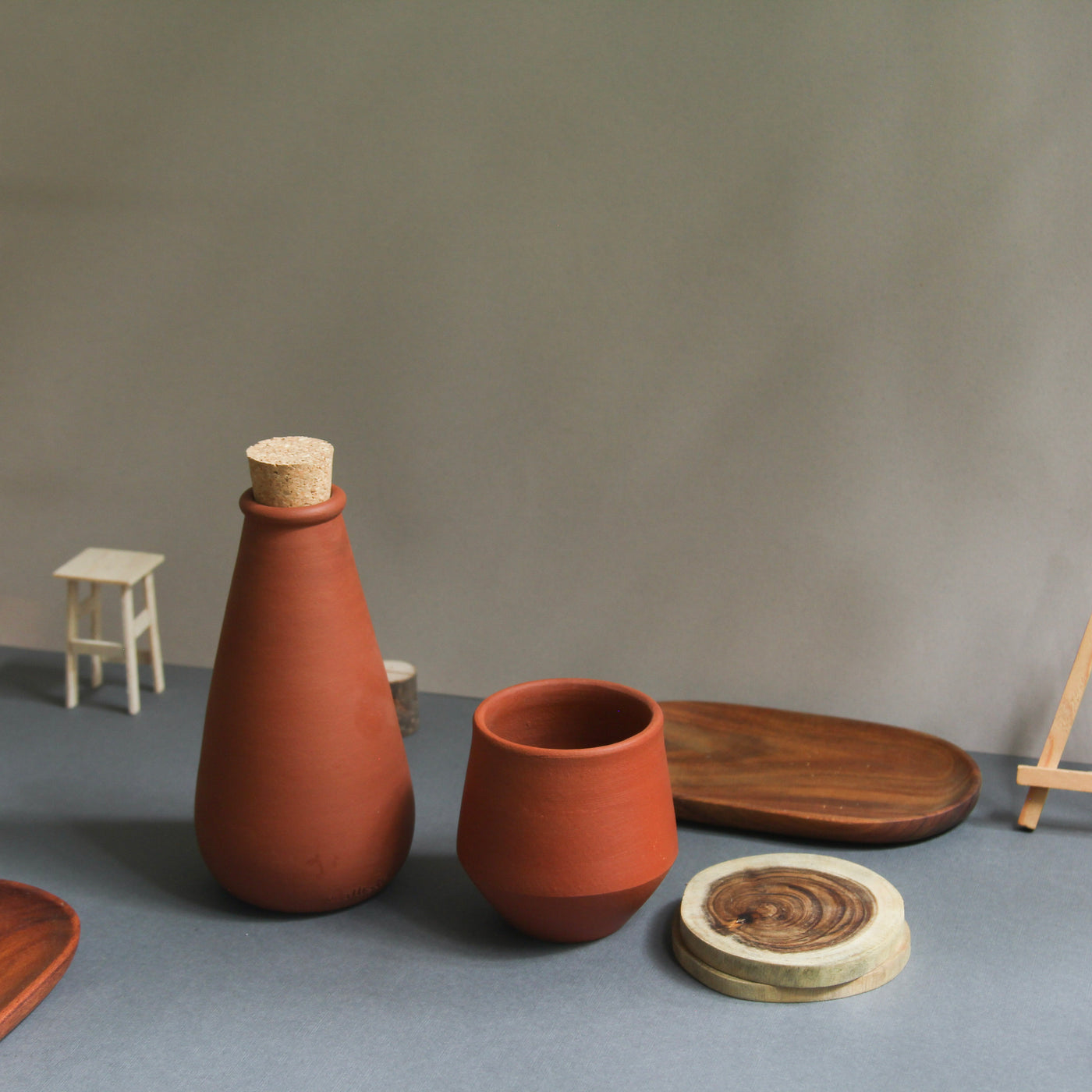 Combo - Terracotta Clay Water bottle (450 ml) + Clay Cup + Wooden Coasters (02)