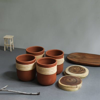 Combo - Terracotta Clay Tumblers + Raw wooden Coasters