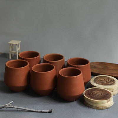 Combo - Terracotta Clay Cups + Raw wooden Coasters