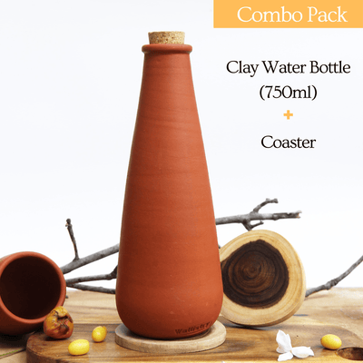 Combo - Terracotta Clay Water bottle (750 ml) + Coaster