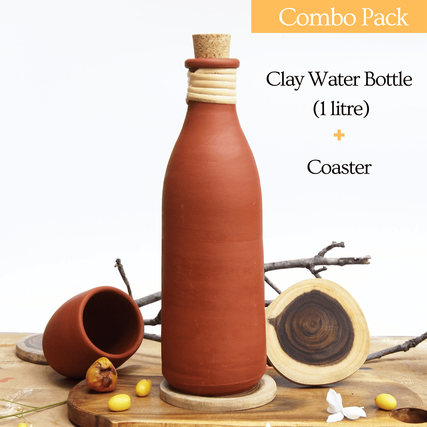 Combo - Terracotta Clay Water bottle (1 Litre) + Coaster