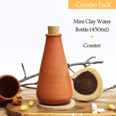 Combo - Terracotta Clay Water bottle (450 ml) + Coaster