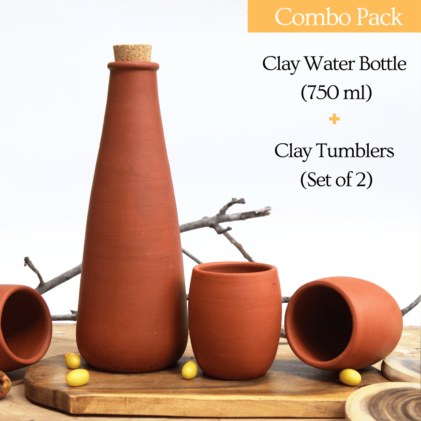Combo - Terracotta Clay Water bottle (750 ml) + Clay Tumblers (Set of 2)