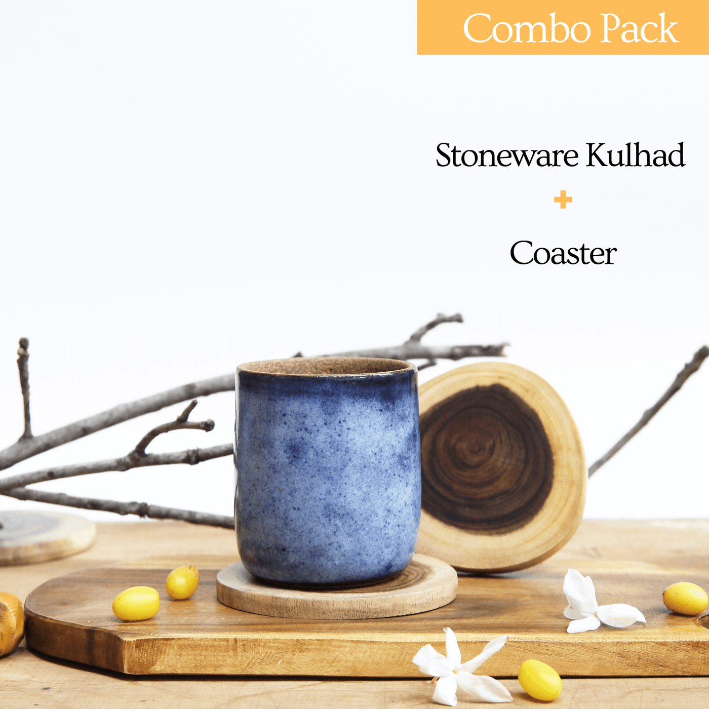 Combo - Stoneware Kulhad Blue (250 ml) + Coaster