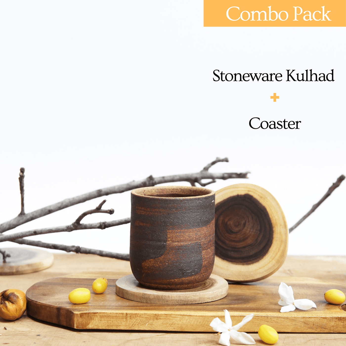 Combo - Stoneware Kulhad Brown (250 ml) + Coaster