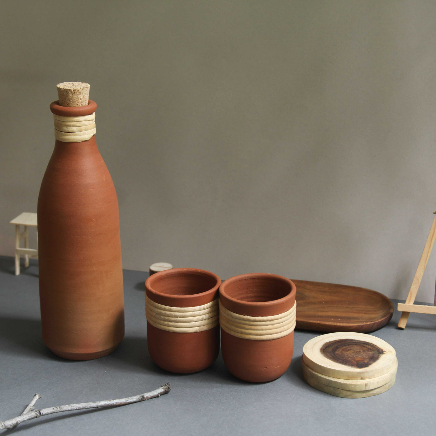 Combo - Terracotta Clay Water bottle (1000ml) + Clay & Cane Tumblers (Set of 2) + Coasters (Set of 3)