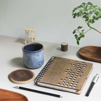 Combo - Premium Wooden Journal (A5+) + Stoneware Kulhad Blue + Coaster