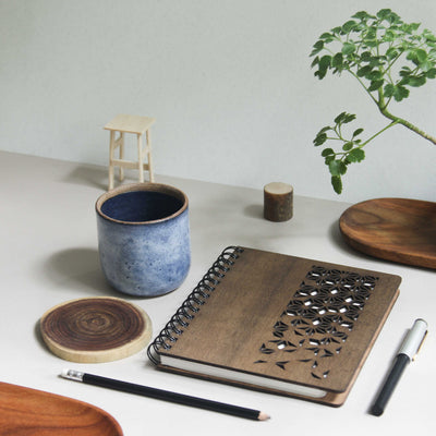 Combo - Premium Wooden Journal (A5+) + Stoneware Kulhad Blue + Coaster