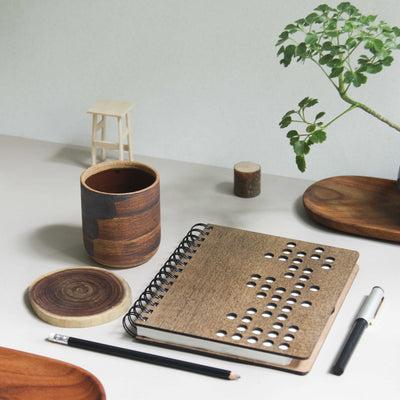 Combo - Premium Wooden Journal (A5+) + Stoneware Kulhad Brown + Coaster
